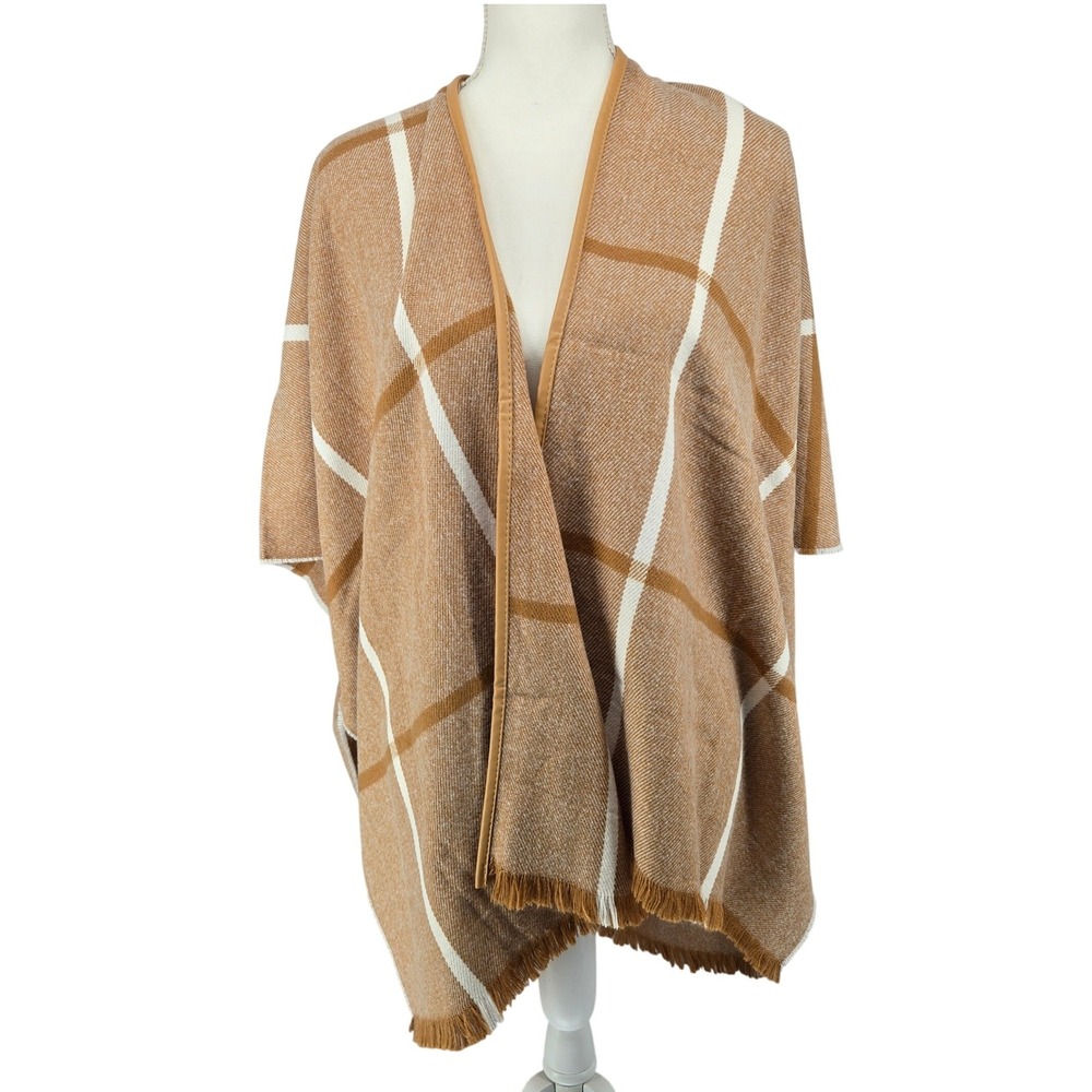 Vince Camuto OS Plaid Poncho Wrap Womens Camel Brown Faux Leather Trim Fringe